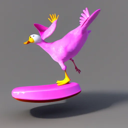 Prompt: fullbody dynamic action pose of a wild duck doing a kick flip on a pink skateboard, 3 d high detail render