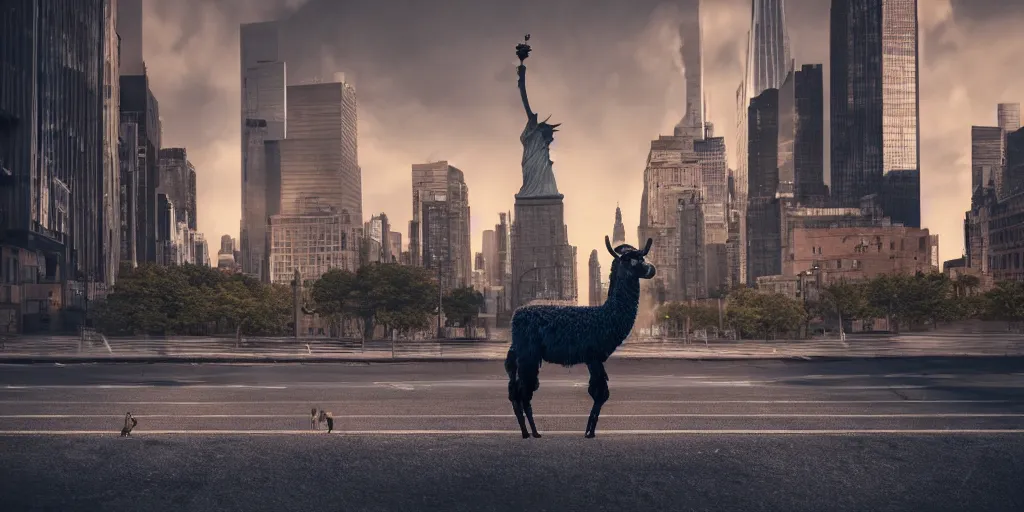 Image similar to a llama walking through a desolate manhattan city street at night, statue of liberty seen in the background, realistic 4 k octane beautifully detailed render, 4 k post - processing, highly detailed, intricate complexity, epic composition, magical atmosphere, cinematic lighting, masterpiece, ultra hd