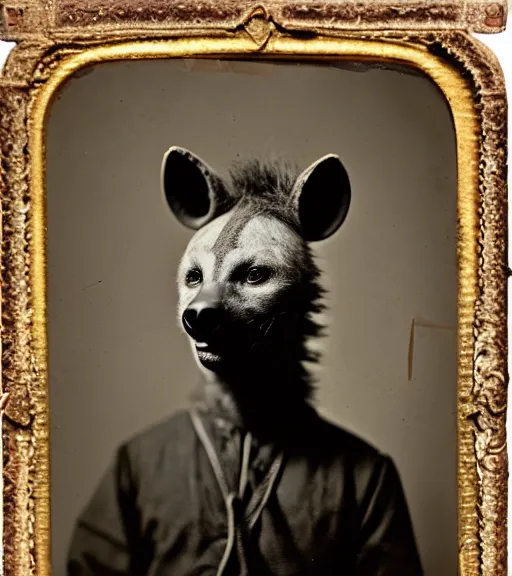 Image similar to professional studio photo portrait of anthro anthropomorphic spotted hyena head animal person fursona smug smiling wearing crown diadem elaborate pompous royal king robes clothes degraded medium by Louis Daguerre daguerreotype tintype