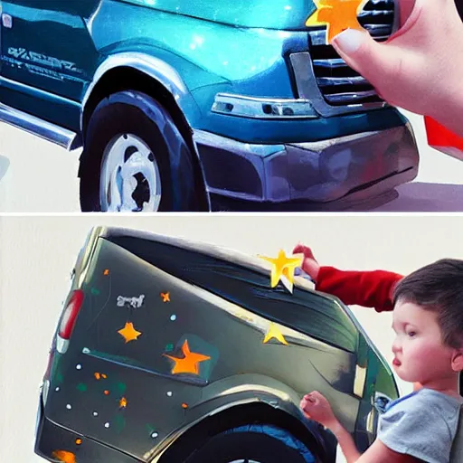 Image similar to close up of child's hand attaching a star - shaped sticker to a truck, digital art by ruan jia and mandy jurgens and artgerm, highly detailed, trending on artstation, award winning