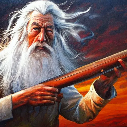 Prompt: gandalf firing a shotgun in battle, oil painting, war photo, anger, fire, dramatic, very detailed, 4k, by Jeffrey Smith and Erin Hanson and Chad Knight