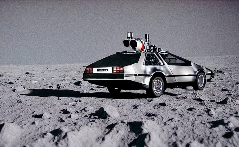 Image similar to a delorean on the moon taken from a super 8 camera, realistic, photoreal, 8 0 s