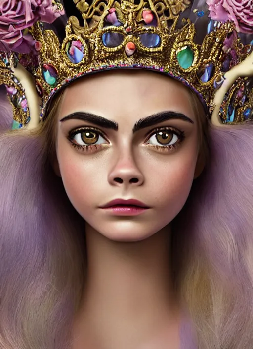 Image similar to closeup face profile portrait of a tin toy cara delevingne as a fairytale princess wearing a crown with tin bunnies, bikini, depth of field, zeiss lens, detailed, symmetrical, centered, fashion photoshoot, by nicoletta ceccoli, mark ryden, lostfish, breathtaking, 8 k resolution, extremely detailed, beautiful, establishing shot, artistic, hyperrealistic, octane render