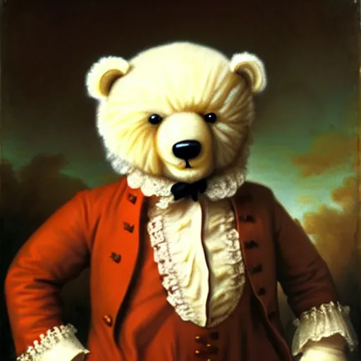 Image similar to head and shoulders portrait painting of a white teddy bear wearing a colonial outfit looking off camera, a character portrait, american romanticism, oil on canvas, diffused lighting