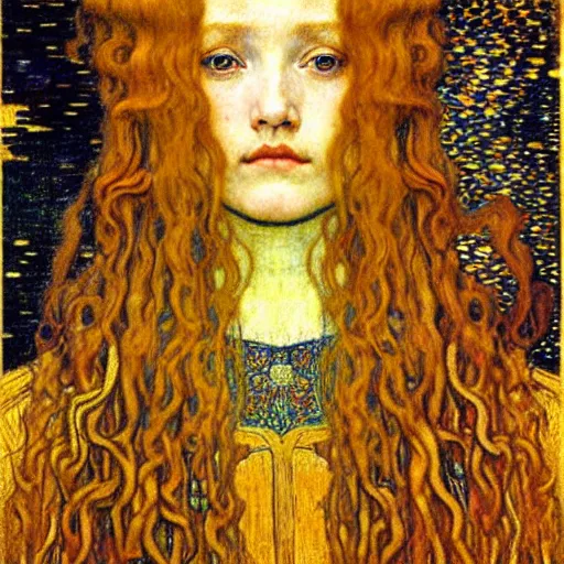 Image similar to detailed realistic beautiful young medieval queen face portrait by jean delville, gustav klimt and vincent van gogh, art nouveau, symbolist, visionary, gothic, pre - raphaelite, beautiful muted earthy colors