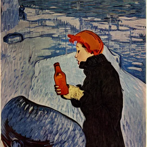 Prompt: a woman in a parka drinking a bottle of coka - cola in an icy polar environment, advertisement, 1 9 6 0's, by henri toulouse lautrec