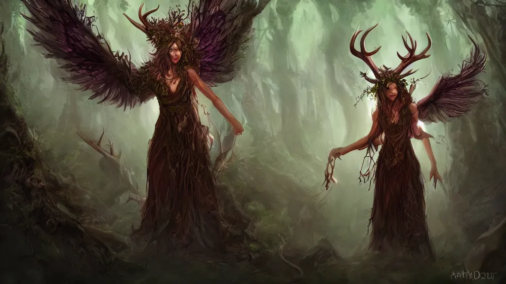 Image similar to A druid, with antlers and large wings, casting a powerful spell in the middle of an enormous, enchanted forest, dreamscape, dramatic lighting, fantasy art illustration, trending on artstation, Aetherpunk