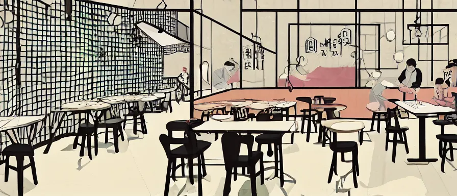 Image similar to a beautiful interior view illustration of a small roasted string hotpot restaurant in yan'an city, wall corner, restaurant wall paper is tower amd mountain, rectangle white porcelain table, people are eating, black chair, animation illustrative style, from china, simple style structure decoration design, victo ngai, james jean, 4 k hd