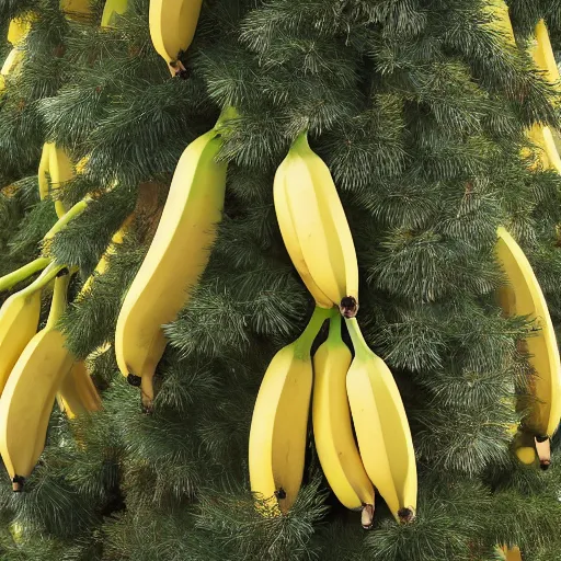 Prompt: 1 5 bananas hanging from a spruce tree, photograph, high quality, 4 k, uhd