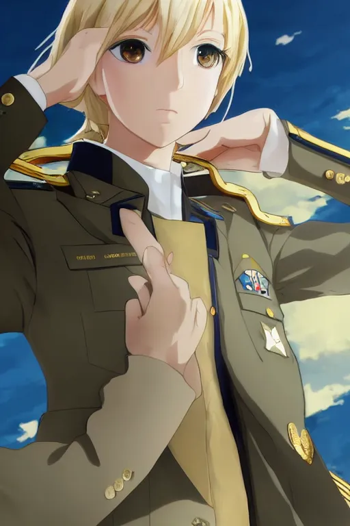 Prompt: key visual concept art, portrait of stern anime girl blonde hair blue eyes wearing formal military dress uniform saluting at a full honors military funeral, somber, rule of thirds golden ratio, fake detail, trending pixiv fanbox, acrylic palette knife, style of shinkai makoto studio ghibli genshin impact