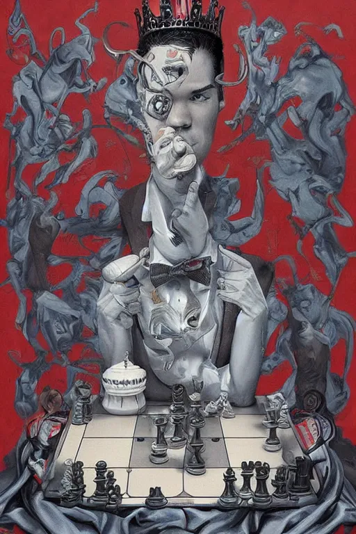 Image similar to magnus carlsen as supreme king of chess, a surrealist painting by james jean, trending on cgsociety, pop surrealism, androgynous, grotesque, angular