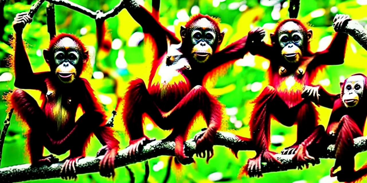 Image similar to graffiti art of baby orangutans playing in the rainforest jin yong