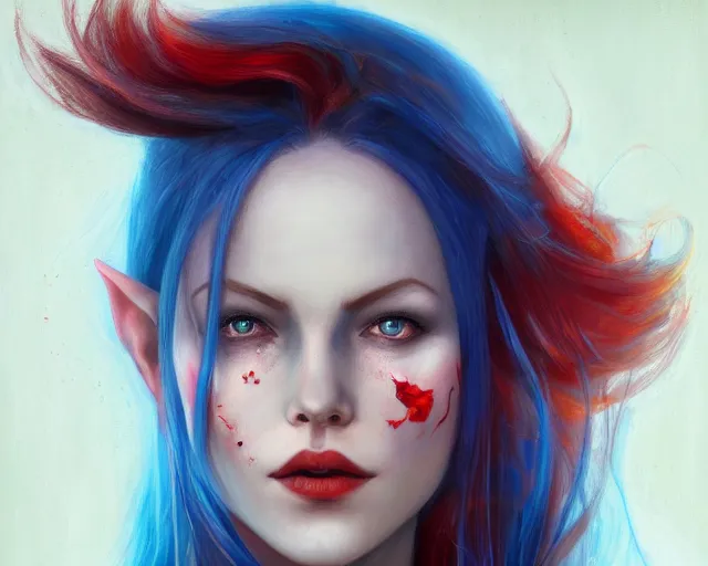 Image similar to A detailed matte oil on canvas head on symmetrical portrait of a distinguished elven woman with red and blue hair on an empty background, by Charlie bowater, Lise Deharme, Wlop, trending on artstationhd, dungeons and dragons art, parted hair , half blue, half red , split dye, critical role