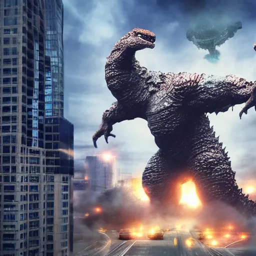 Image similar to giant white man fighting Godzilla in the city, 4k