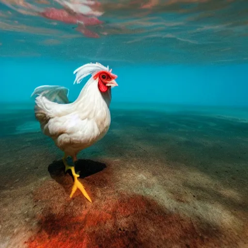 Prompt: a chicken underwater in the ocean