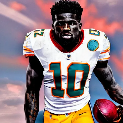 Image similar to portrait of tyreek hill, determined, great detail, looking to the sky, superbowl, miami dolphins