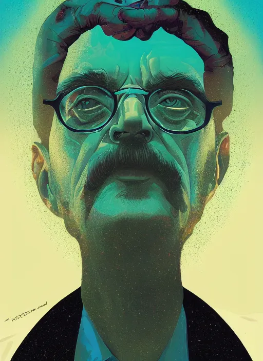 Image similar to poster artwork by Michael Whelan and Tomer Hanuka, Karol Bak of Terence McKenna, from scene from Twin Peaks, clean