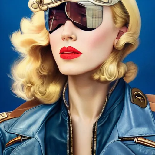 Prompt: portrait of a sexy blond 1940s female aviator wearing only a leather flight jacket, upper body, D&D, fantasy, intricate, elegant, highly detailed, digital painting, artstation, concept art, smooth, sharp focus, illustration, art by artgerm and greg rutkowski and alphonse mucha, with a blue background