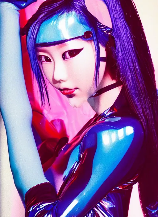 Image similar to a close-up risograph long shot of cyberpunk japanese model girl with black eyes and pretty face wearing latex catsuit and lots of transparent and cellophane accessories, blue hour, twilight, cool, portrait, Kodachrome, ISO1200,