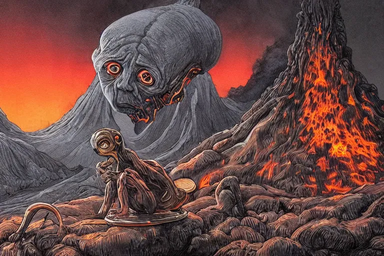 Image similar to a highly detailed gollum making pizza!, a volcano in the background is spewing black smoke, with streams of hot glowing lava flowing, black sky, post - apocalyptic vibe, full body, wide angle, an ultrafine detailed painting by joe fenton, trending on deviantart, pop surrealism, whimsical, lowbrow, perfect symmetrical face, sharp focus, octane, masterpiece