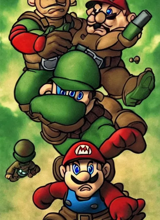Prompt: Doomguy vs Mario, movie cover art