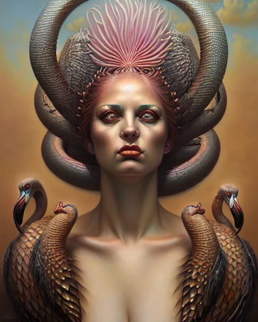 Image similar to a detailed portrait of dreampunk flamingo python hybrid mix goddess by tomasz alen kopera and peter mohrbacher