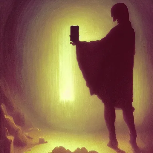 Image similar to artistic scene of a Death taking a selfie a black cloak, a rainbow in the dark, colorful, by Michael Whelan, William Adolphe Bouguereau, and Donato Giancola, highly rendered, beautiful, cyberpunk, moody lighting, glowing light and shadow, atmospheric, shadowy, cinematic, 8K