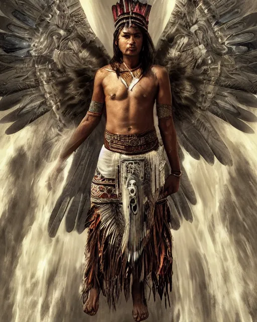 Image similar to a south american indigenous warrior with angelic wings, by tsuyoshi nagano, by greg rutkowski, dramatic lighting, blood, god rays, angelical, symmetrical, intricate, detailed, cinematic, masterpiece, extreme details, ray tracing