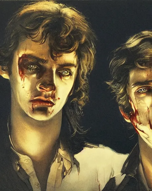 Image similar to two handsome but sinister young men in layers of fear, with haunted eyes and wild hair, 1 9 7 0 s, seventies, wallpaper, a little blood, moonlight showing injuries, delicate embellishments, painterly, offset printing technique, by john howe, brom, robert henri, walter popp