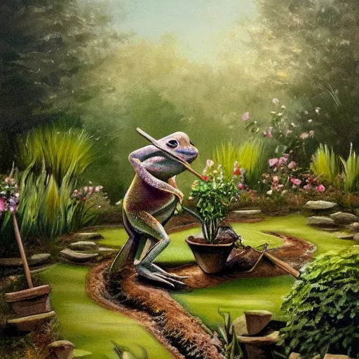 Prompt: a beautiful painting of singular frog digging a garden with a shovel, trending on artstation