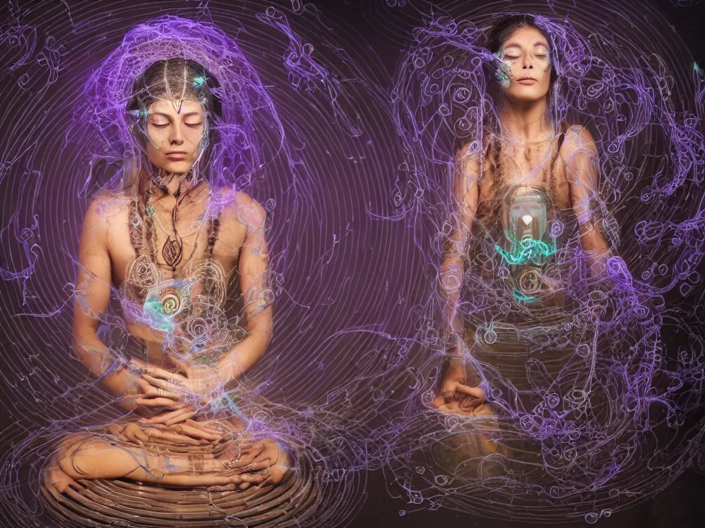 Prompt: an ancient mystical alluring female shaman meditating in a cybernetic robot temple generating flowing spiral energy and surrounded by wisps of incense smoke, face face face