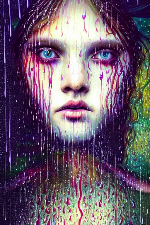 Image similar to portrait of a girl upside down psychedelic LSD rain with wet hair and face, fantasy, intricate, elegant, dramatic lighting, emotionally evoking symbolic metaphor, highly detailed, lifelike, photorealistic, digital painting, artstation, concept art, smooth, sharp focus, illustration, art by John Collier and Albert Aublet and Krenz Cushart and Artem Demura and Alphonse Mucha