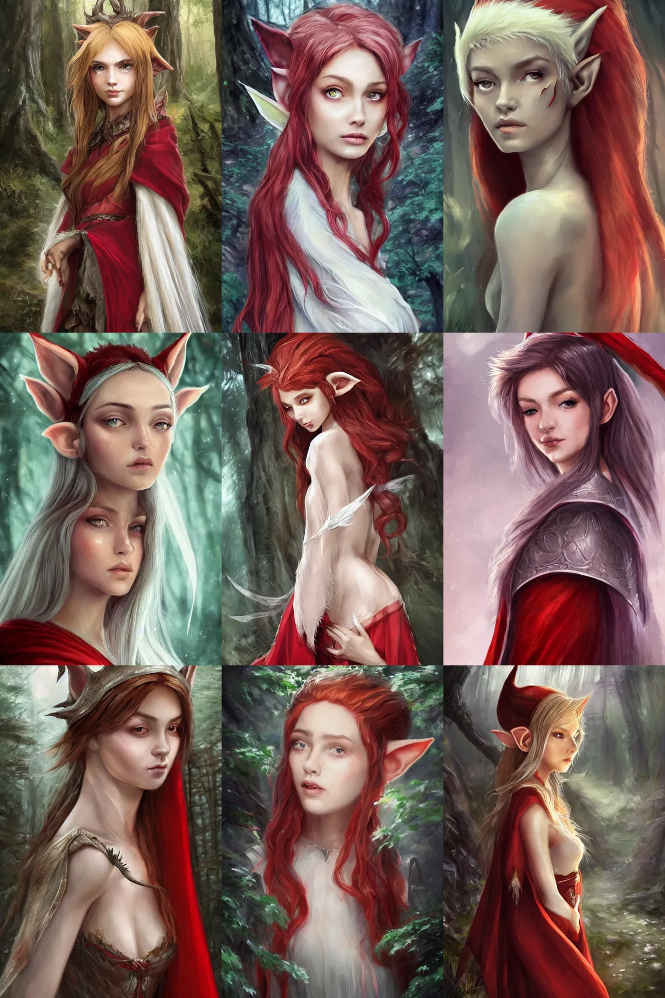 Prompt: tiny brush side portrait headshot high-fantasy elf girl with detailed pointed sharp long ears, translucent off-white gown and red cloak, fantasy forest landscape, moonshine, fantasy magic, feathery red hair, dark light night, intricate, elegant, sharp focus, illustration, highly detailed, digital painting, concept art, matte, art by WLOP and Artgerm and Greg Rutkowski and Alphonse Mucha, masterpiece