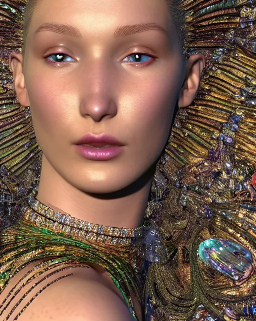 Image similar to a highly detailed metahuman 4 k close up render of an alien goddess bella hadid nymph in iris van herpen dress schiaparelli in diamonds crystals swarovski and jewelry iridescent in style of alphonse mucha gustav klimt trending on artstation made in unreal engine 4