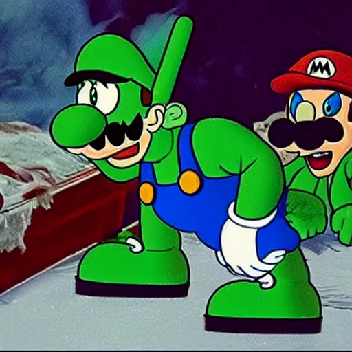 Prompt: a still of from the movie the thing ( 1 9 8 2 ) crossover with the game mario and luigi : partners in time