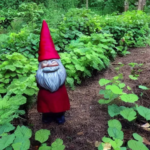 Prompt: trail cam footage of a creepy garden gnome