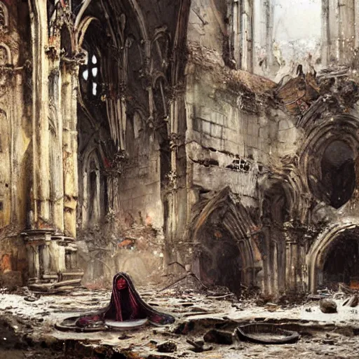 Image similar to Skeleton wearing ragged clothes and a plate armour resting on a throne inside a ruined cathedral, oil painting, by Greg Rutkowski