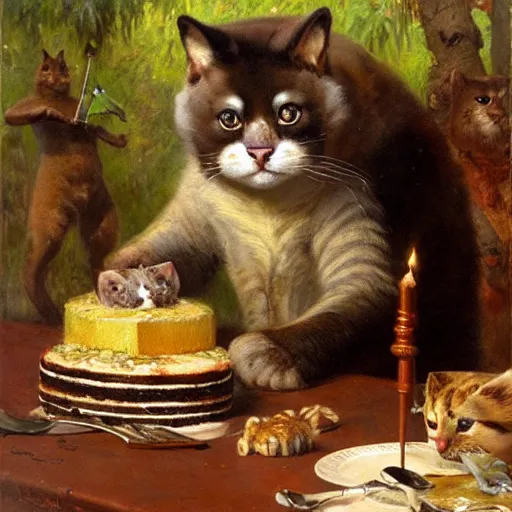 Prompt: a half cat half bear hybrid eating cake at his 7 0's birthday at a zoo, highly detailed painting by gaston bussiere, craig mullins, j. c. leyendecker