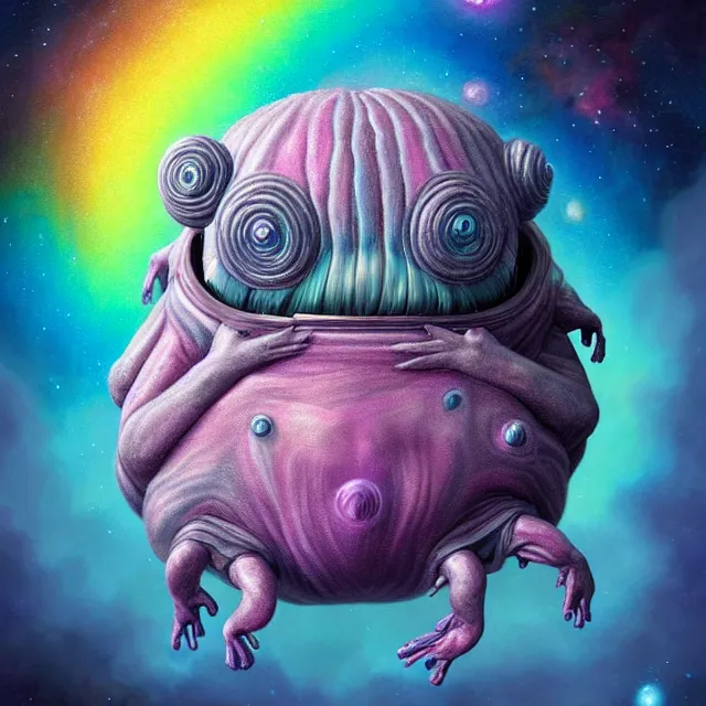 Image similar to a highly detailed tardigrade, it has rainbow hair and a beautiful unconventional face, floating through deep space, elegant, hyperrealistic, digital painting, artstation, realism, concept art, pop, smooth, mythological, sharp focus, qualia, illustration, art by mark ryden 3 d 8 k ultra detailed