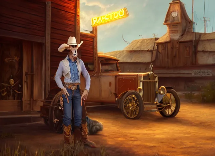 Image similar to character portrait feature of the anthro male anthropomorphic rat fursona wearing cowboy outfit wild west desperado standing next to an old monte carlo vintage car, a man whose heart is hollow, character design stylized by charlie bowater, ross tran, artgerm, makoto shinkai, detailed, soft lighting, rendered in octane