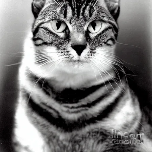 Prompt: A portrait of a tabby cat as a young man, by Cecil Beaton, silver gelatin print,