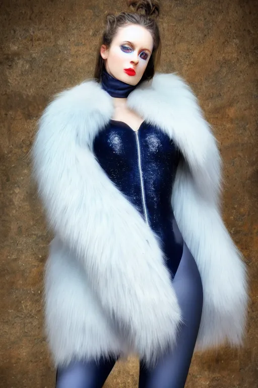 Prompt: Full body Portrait of a female cryomancer, pale white skin, dark blue eyes, gorgeous lady, sky-blue thick fur coat, navy shirt, black leggins, beautiful sculptured face, dark blue lipstick, kissing smile, pillars of ice background, looking from behind, extremely detailed, by frank franzzeta, WLOP, Genzoman and gary gygax, trending on artstation, artstationHD, artstationHQ, deviantart, 16K, HD, matte painting, vibrant colors