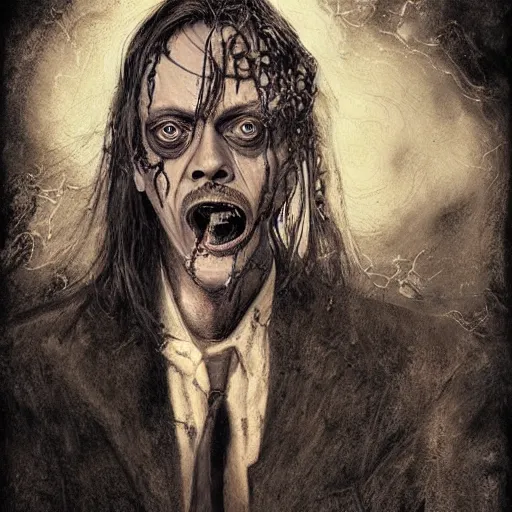 Prompt: disturbing grunge still of a lovecraftian demon infested steve buscemi, crayon horror art in dark and muted colors, by arthur adams, by tom bagshaw, by henry asencio, by kikuchi hideyuki