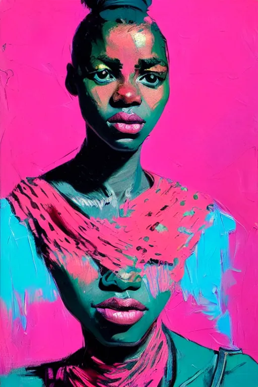 Image similar to portrait of a stylized african young lady, painted in acrylic, pigment textures, in the colors hot pink and cyan, beautiful realistic face, rule of thirds, spotlight, by greg rutkowski, by jeremy mann, by francoise nielly, by van gogh, by ross tran, in focus