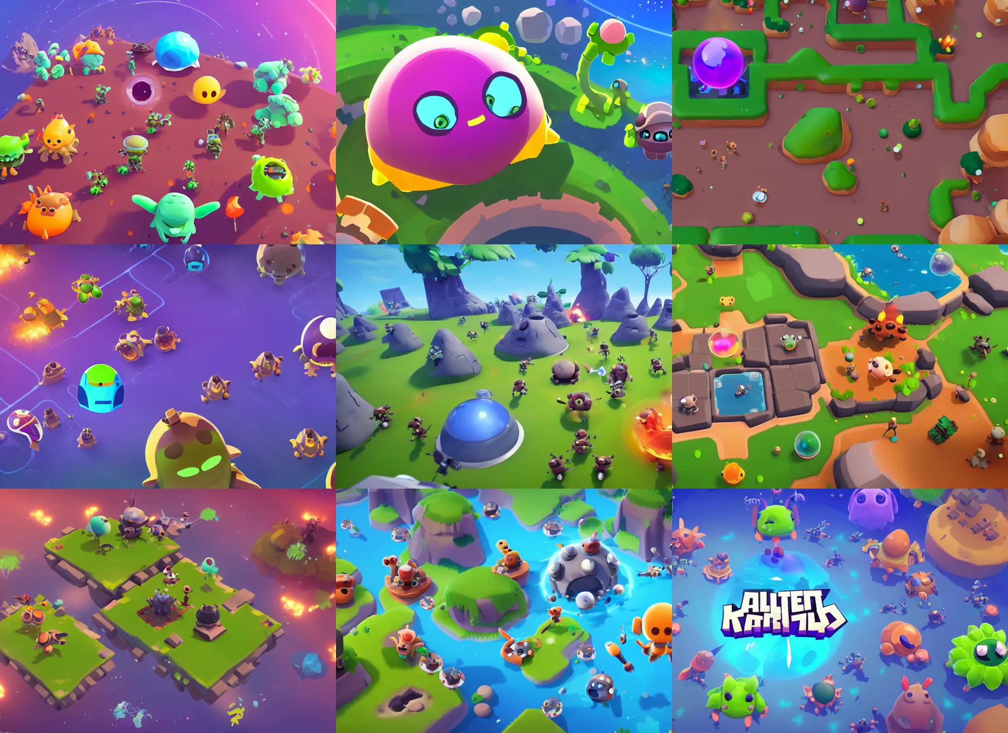 Prompt: mobile battle royale game about alien cute little animals that land on a planet with different biomes, craters, alien capsules, bushes in the visual style of Brawl Stars and Spore, view from above and slightly behind, world curvature, ui and ux