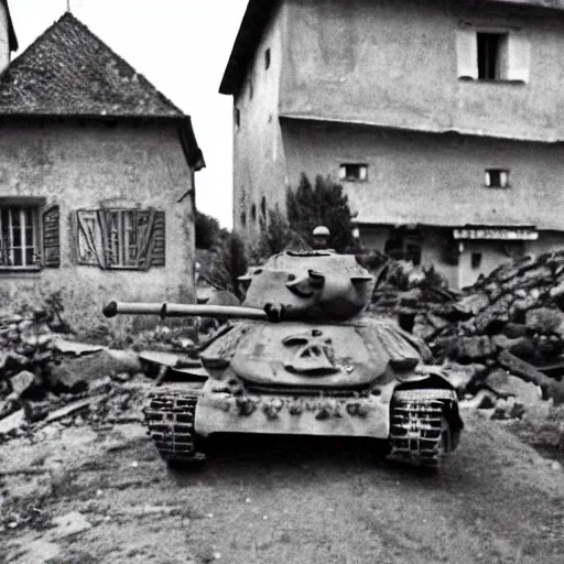 Image similar to small french village bombed out, Nazi Tiger 1s driving into the town, black and white, film grain,