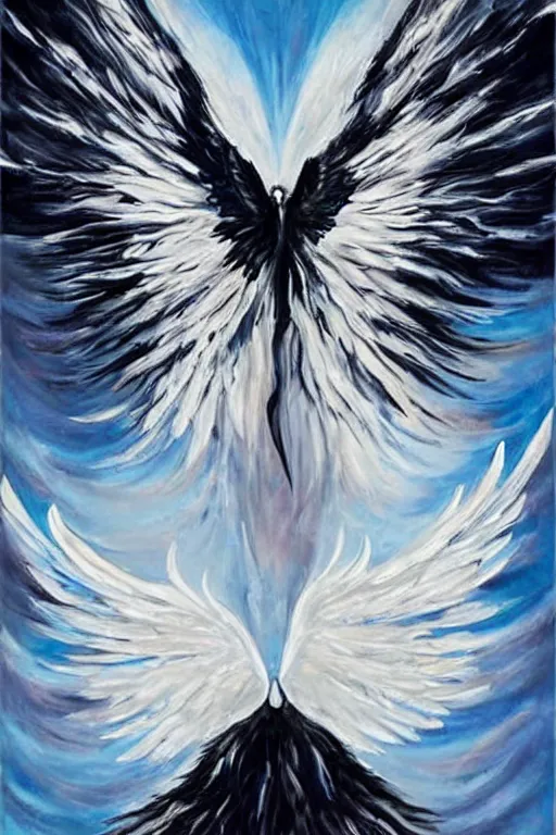 Prompt: A beautiful painting with white wings on the left and black angels on the right wing with halos on the top of the head