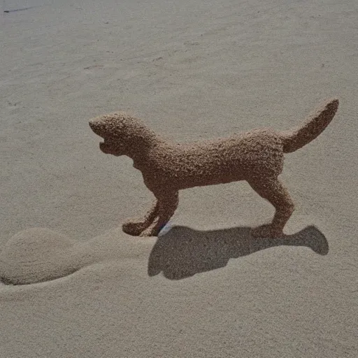 Prompt: a dog made of sand at the beach