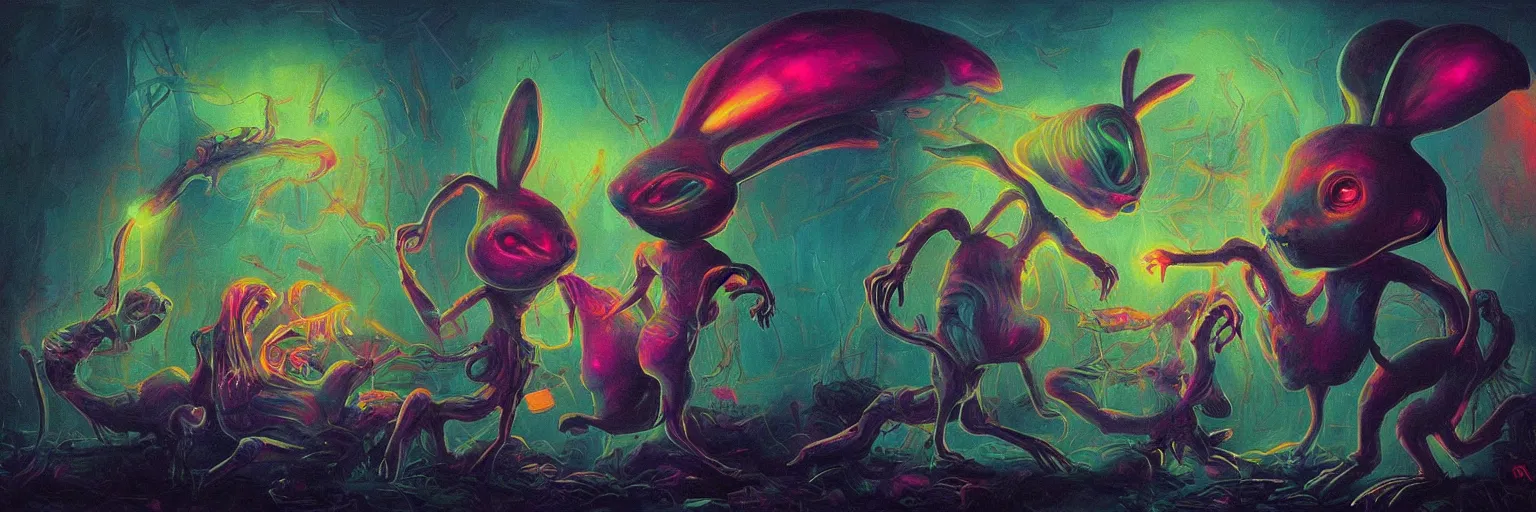 Image similar to strange alien bunny creatures from the depths of the collective unconscious, dramatic lighting, surreal darkly colorful painting by ronny khalil