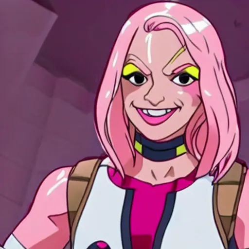 Image similar to A still of Gwenpool in Deadpool 3 (2023), blonde hair with pink highlights, no mask, white and light-pink outfit, smiling and winking at the camera